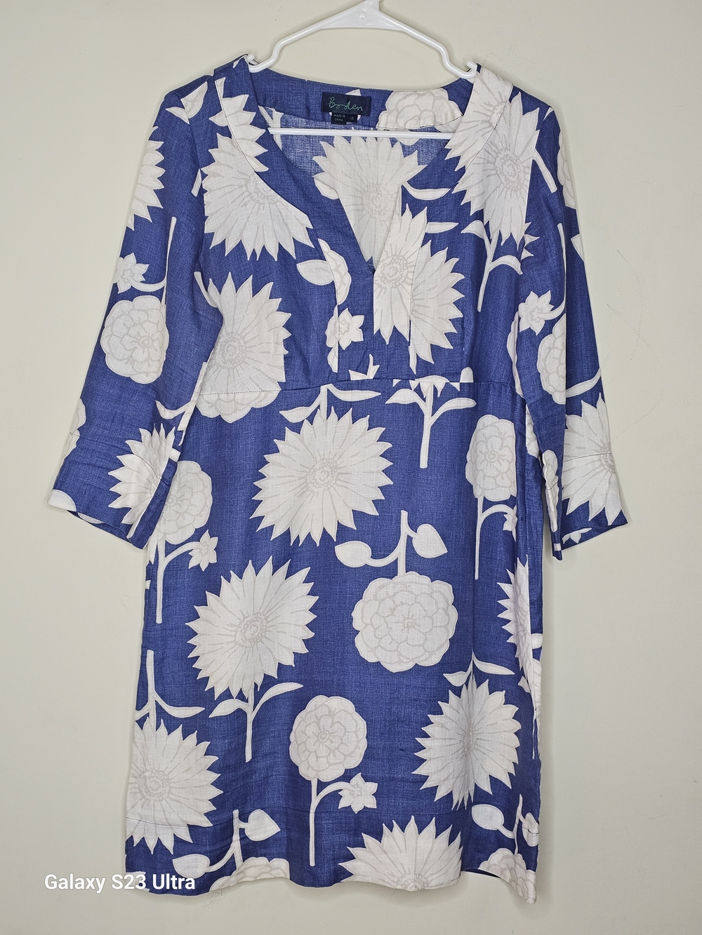 Boden Blue Floral V-Neck Women's Tunic Dress 12 Linen